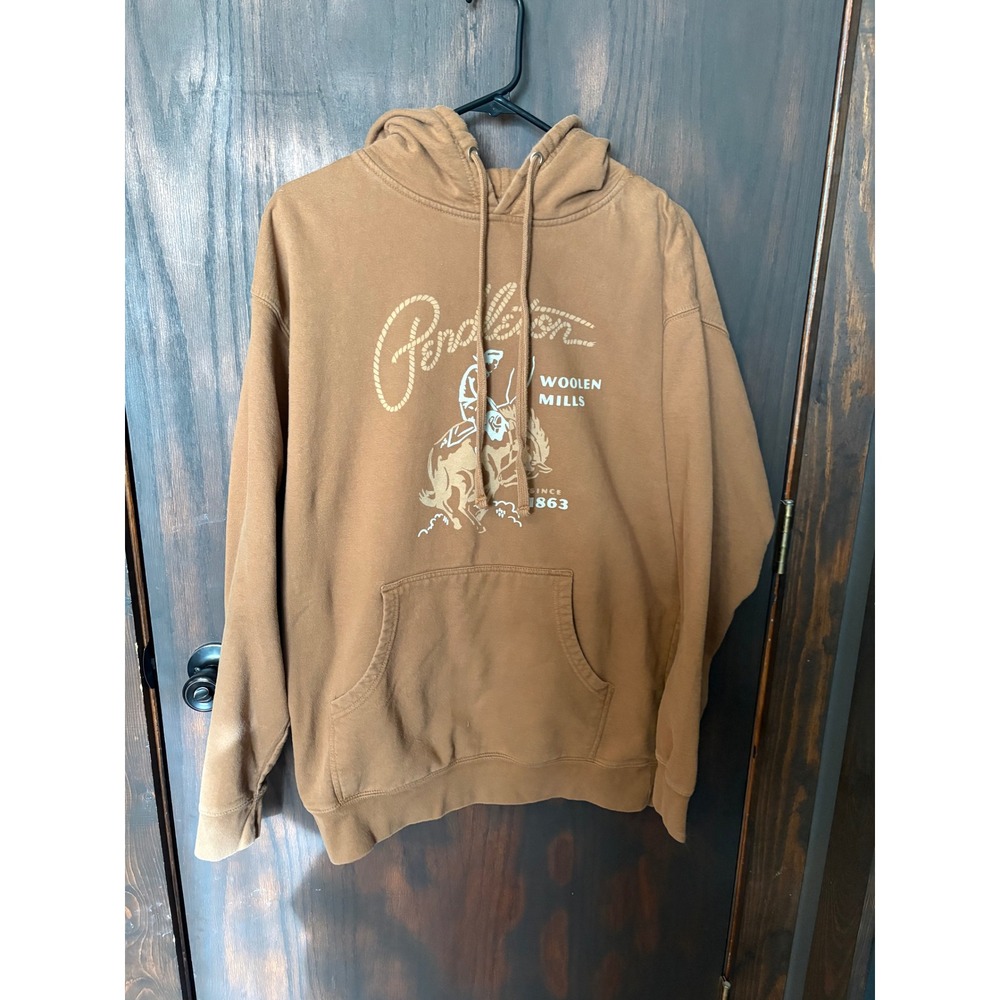 Pendleton Woolen Mills Mens Graphic Hoodie Brown Western Bronco Pullover Large